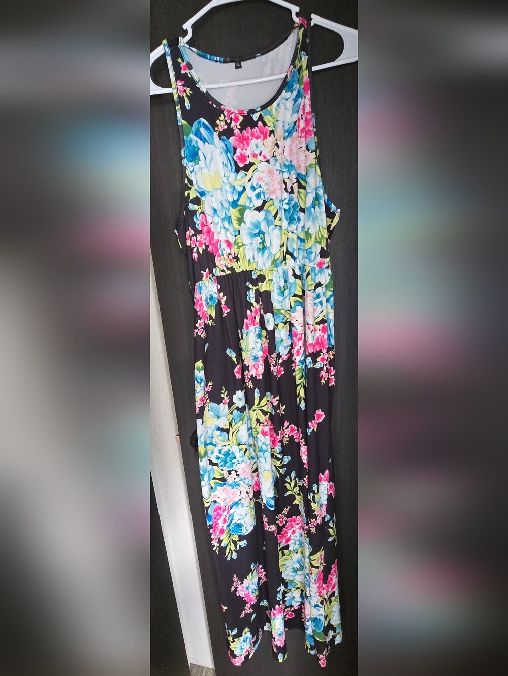 Black Floral Maxi Dress with Blue & Pink Blooms